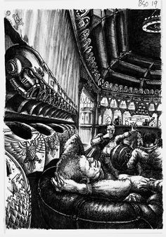 a black and white drawing of people sleeping in a train car with an animal on it's back