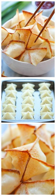 the process of making dumplings with chopsticks is shown in three different stages