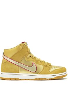 Nike jazzed up the classic Dunk High Premium SB as an ode to the famous skater Eric Koston. These gold-tone leather Dunk High Premium SB sneakers feature a round toe, a perforated detail, a lace-up front fastening, a logo patch at the tongue, a signature Nike swoosh and a rubber sole. These styles are supplied by a premium sneaker and street wear marketplace. Stocking only the most sought-after footwear and clothing, they source and curate some of the most hard-to-find items from around the worl Nike Dunk High Premium, Eric Koston, Nike Sb Dunk High, Sb Dunk High, Nike Elite Socks, Yellow Nikes, Nike T, Nike Air Jordans, Nike Sb Dunk