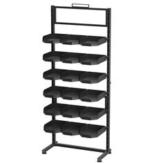 a black shelf with several bins on it