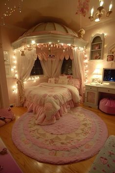 a bedroom decorated in pink and white with fairy lights