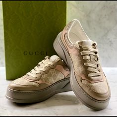 Gucci Gg Supreme Sneaker - New, Full Set (With Box, Dust Bags, Extra Laces) - Size: 40 (Us 10) - Color: Tan, Taupe, Light Pink - Beige/ White Gg Supreme Canvas - Oatmeal/ Light Pink Leather Trim - Rubber Sole - Purchased At Gucci Bal Harbour Shops Luxury Gucci Beige Sneakers, Luxury Beige Gucci Sneakers, Gucci Sneaker, Bal Harbour Shops, Gucci Ace Sneakers, Bal Harbour, Striped Sneakers, Black Leather Sneakers, Gucci Sneakers