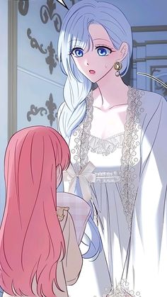 an anime character with long white hair and blue eyes is standing next to another woman