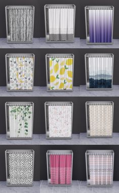 an assortment of shower curtains in various colors