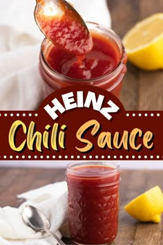 a spoon full of ketchup and sauce with the words heinz chili sauce above it