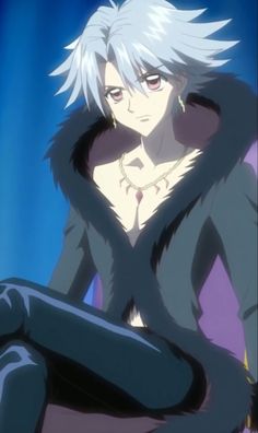 an anime character with white hair and black pants sitting in front of a blue background