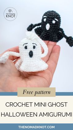 crochet mini ghost halloween amigurum with text overlay that says free pattern