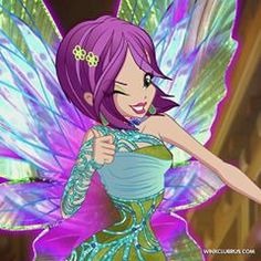 a cartoon fairy with purple hair and wings