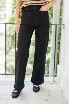 These jeans are so chic! We love the front pockets and those wide cut legs. These jeans are perfect for a casual work day paired with a blouse and will also look great for a dinner date!  Button/zip front closure Pockets Wide cut legs No... Casual Pants With Five Pockets For Night Out, Casual Five-pocket Pants For Night Out, Chic Black Wide-leg Jeans, Chic Cropped Dark Wash Wide Leg Pants, Casual Wide-leg Flare Jeans For Work, Chic Dark Wash Wide Leg Pants For Work, Cotton Straight Leg Jeans For Night Out, Trendy Wide Leg Jeans For Business Casual, Chic Wide Leg Jeans For Night Out