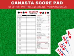 the canasta score pad is shown with four cards and one playing card in front