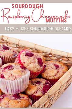 raspberry cheesecake muffins in a wicker basket with text overlay