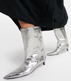 Metallic leather ankle boots in silver - Jil Sander | Mytheresa Pointed Toe Mid-calf Boots With Leather Sole, Chic Mid-calf Boots With Pointed Toe And Leather Sole, Luxury Calf Leather Mid-calf Boots With Pointed Toe, Formal Mid-calf Boots With Pointed Toe And Leather Sole, Modern Formal Mid-calf Boots With Pointed Toe, Modern Pointed Toe Mid-calf Boots In Calf Leather, Modern Mid-calf Boots In Calf Leather With Pointed Toe, Modern Mid-calf Calf Leather Boots With Pointed Toe, Turtleneck Sweater Outfit