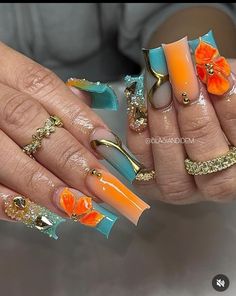 Summer Junk Nails, Tropical Duck Nails, Exotic Nails Instagram, Spring Junk Nails, Mexican Inspired Nails Mexico, Dominican Nails, Nail Art Blue, Nails Orange, Wow Nails