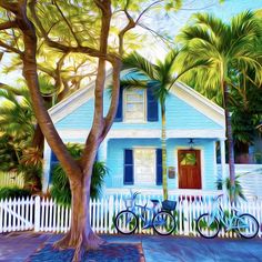 a painting of a blue house with white picket fence and bicycles parked in the front yard