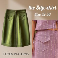 The Silje skirt is knee lenght, or just below the knee, depending on your height. It has a slight A-line shape, patch pockets with flaps, and an exposed zipper at the center front. The back has darts and the skirt is hemmed with a hem facing. The Silje skirt is an easy to wear and easy-to-style skirt. It can be dressed up or down and you can achieve a lot of different looks depending on the fabric you choose! This pattern is a digital download. What is included: Industry-standard sewing pattern A Line Skirt Pattern, Skirt Sewing Pattern, Skirt Sewing, Summer Sewing, Zipper Skirt, Paper Sewing Patterns, Skirt Patterns Sewing, Sewing Skirts, Style Skirt