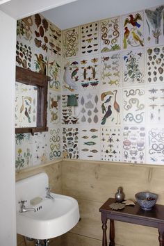 a bathroom with wallpaper that has birds on it and various other things in the room