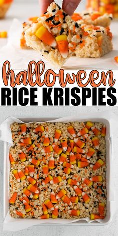 halloween rice krispies with candy corn on top and in the background, there is a hand reaching for one