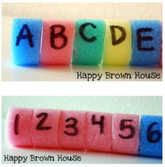 happy brown house and happy brown house spelled out with colored felt blocks in the shape of letters