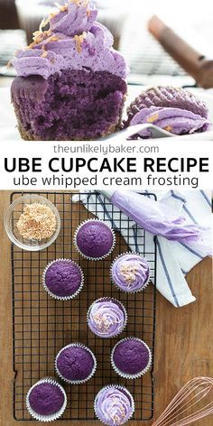 purple cupcakes with white frosting sitting on a cooling rack next to baking utensils