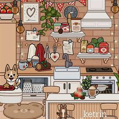 a kitchen scene with a dog in the sink