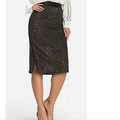 Oie Malloren Gun Metal Sequined Pencil Skirt Purchased From Nordstrom Length 26” Waist 12.5” Hip 16” - Side Hidden Zip With Hook-And-Eye Closure - Seamed Sides - Side Slits - Allover Sequins - Woven Construction - Pencil Skirt - Lined - Shell/Lining: 100% Polyester. Evening Fall Pencil Skirt, Fall Party Midi Pencil Skirt, Glamorous Skirt For Workwear, Elegant Fall Pencil Skirt For Party, Elegant Knee-length Mini Skirt For Party, Glamorous Formal Pencil Skirt, Elegant Fall Party Pencil Skirt, Elegant High Waist Pencil Skirt For Night Out, Elegant Pencil Skirt For Date Night