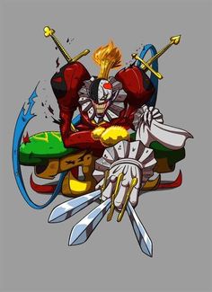 an image of a cartoon character with two swords and a skull on his back, sitting in