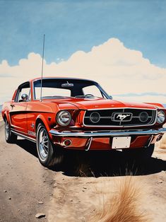 an old red mustang parked in the desert