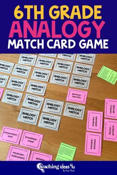 the 6th grade analog match card game is shown with pink and green cards on it