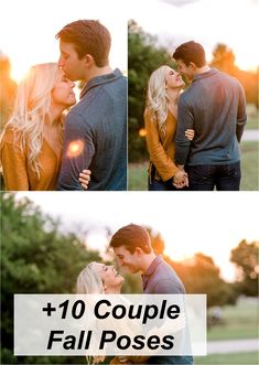 a couple kissing each other with the caption saying, 10 couples fall poses