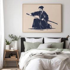 a bed room with a neatly made bed and a painting on the wall above it