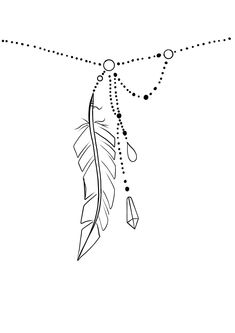 a black and white drawing of a feather with beads hanging from it's side