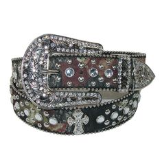 Elevate your accessory game with the CTM Women's Rhinestone Cross on Camo Belt. This medium-sized belt features a striking camo pattern that serves as a backdrop to dazzling rhinestones and ornate Conchos. The design is centered around a large, eye-catching buckle that brings a touch of Western flair to any outfit.

- Size: Medium
- Material: Faux Leather
- Gender: Female
- Design: Camo background with rhinestone and Concho embellishments
- Features: Large buckle, bead-trimmed edges, matching ke Cowgirl Belts, Bling Belts, Double Buckle Belt, Mossy Oak Camo, Cowboy Belt, Womens Camo, Western Belt, Great Western, Rhinestone Cross