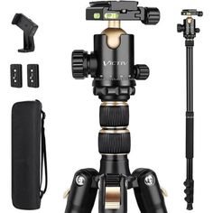 the tripod is set up to take pictures and videos with its camera attachments