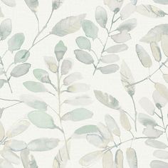 a white and green wallpaper with leaves on it