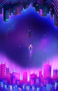 two people flying through the air in front of a cityscape with neon lights