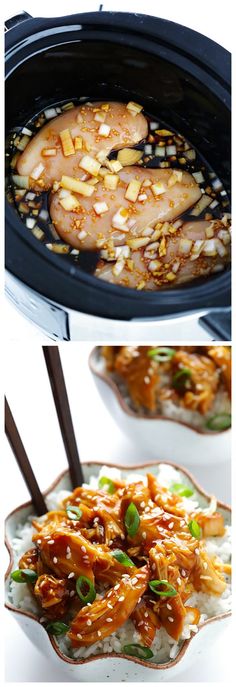 three different pictures of food being cooked in the slow cooker