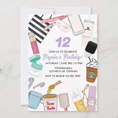 a birthday party card with various items on it