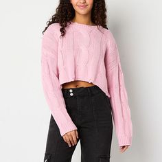 This Forever 21 women's and junior's cropped cable-knit sweater has distressed hems and an oversized fit, giving it a cool edge to work in with your favorite looks for fall and winter. Made from a soft chunky knit, it has a boat neckline and long sleeves. Wear it with skinny jeans and ankle boots.Closure Type: Pullover HeadNeckline: Boat NeckSleeve Length: Long SleeveFiber Content: 100% AcrylicCare: Dry Flat, Hand WashCountry of Origin: Imported Cropped Cable Knit Sweater, Boat Neck Long Sleeve, Large Sweaters, Small Sweater, Long Sleeve Pullover Sweater, Pullover Sweater Women, Boat Neckline, Knit Crop, Pink Sweater