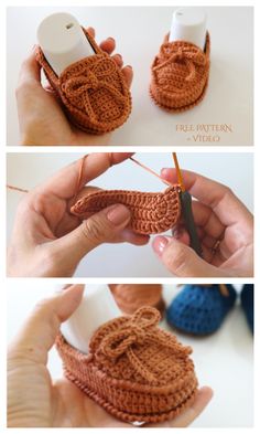 crocheted slippers are being made with yarn