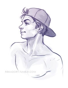 a drawing of a man with a hat on his head and no shirt, looking off to the side