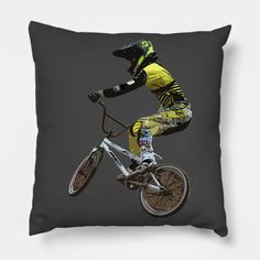 bicycle motocross action -- Choose from our vast selection of throw pillows to match with your desired size to make the perfect custom pillow. Pick your favorite: Movies, TV Shows, Art, and so much more! Available in extra small, small, medium, large. For beds, couches/sofas, love seats, and chairs. Perfect for decoration. Men Room, Motocross Action, Bike Decorations, Man Room, Bmx Bikes, Sports Cycle, Bmx, Custom Pillow, Motocross