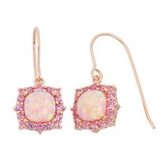 Grace yourself with the feminine beauty of these 18k rose gold-over-silver earrings. Lab-created opal stones framed by lab-created pink sapphire stones create a lovely square halo design.EARRING DETAILS Length: .94 in. Backings: Frenchwire Metal: 18k rose gold over sterling silver STONE DETAILS Stone type: lab-created pink opal, lab-created pink sapphire Shape: cushion, round Setting: prong Size: One Size. Gender: female. Age Group: adult. Fine Jewelry Rose Gold Earrings With Halo Design, Elegant Pink Gold Hypoallergenic Jewelry, Elegant Hypoallergenic Pink Gold Jewelry, Pink Lever Back Earrings For Anniversary, Pink Earrings With Lever Back For Anniversary, Pink Gold Jewelry With Halo Design As A Gift, Rose Gold Dangle Earrings As Gift For Her, Elegant Hypoallergenic Pink Gold Earrings, Hypoallergenic Rose Gold Earrings As A Gift For Her