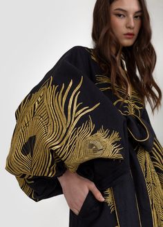 Luxurious Black/Gold Peacock Women's Midi Caftan Yuliya Magdych Bohemian Embroidered Gold Kaftan, Bohemian Kaftan With Gold Embroidery For Festivals, Bohemian Kaftan With Gold Embroidery For Festive Occasions, Bohemian Kaftan With Gold Embroidery, Festive Bohemian Kaftan With Gold Embroidery, Gold Bohemian Kaftan For Traditional Ceremonies, Gold Embroidered Kaftan, Gold Bohemian Kaftan With Resham Embroidery, Ceremonial Embroidered Elegant Kimono