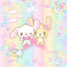 two cartoon animals standing next to each other on a rainbow colored background with stars and clouds