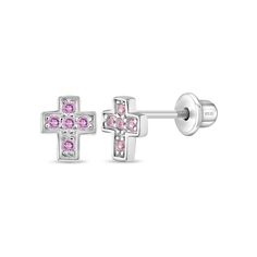 Let their light shine with these sparkly pink cz cross earrings for young girls. Religious jewelry is always a great gift for the devout, and these petite cross screw back studs are no exception. Entirely made of 925 sterling silver and cubic zirconias, these children's earrings will last a lifetime and are perfect for the little ladies with sensitive ears. They feature threaded posts and a safety back system to ensure your child's earrings stay comfortably in place. Complimentary gift box is in Sterling Silver Pink Birthstone Earrings, Pink Birthstone Earrings In Sterling Silver, Pink Sterling Silver Birthstone Earrings, Pink Sterling Silver Cross Jewelry, Pink Cross Sterling Silver Jewelry, Kids Earrings, Cross Earrings, Girls Toddler, Religious Jewelry