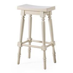 a blue stool with wooden legs and an open seat on the bottom, against a white background