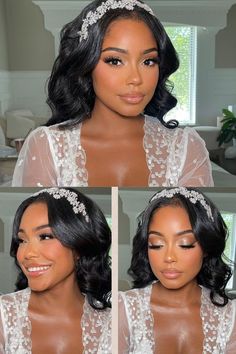 three pictures of a woman wearing a wedding dress and headpiece with flowers in her hair