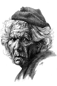 a drawing of an old woman wearing a hat