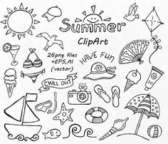 a black and white drawing of summer clipart on a piece of paper with words