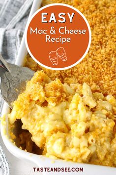 an easy macaroni and cheese casserole recipe in a white dish with a serving spoon